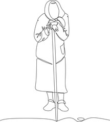 A line drawing of an elderly woman walking with a cane