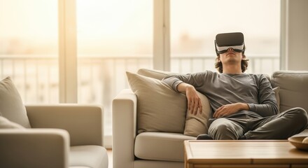 Fototapeta premium Young Man Engaged in Virtual Reality for Mental Wellness and Futuristic Therapy at Home