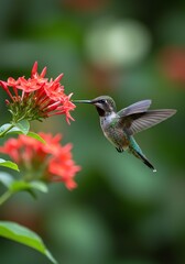 Naklejka premium Hummingbird Feeding on Bright Red Flower in Natural Green Environment