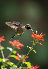 Naklejka premium Hummingbird Feeding on Bright Orange Flower in Natural Garden Setting