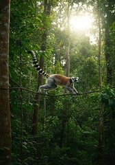 Obraz premium Lemur Walking on Tree Branch in Dense Green Forest with Sunlight Filtering Through Canopy