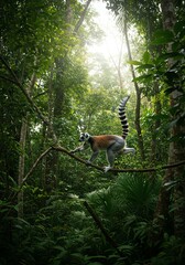 Obraz premium Wild Ring-tailed Lemur Moving Through Dense Jungle Canopy Sunlight Filtering