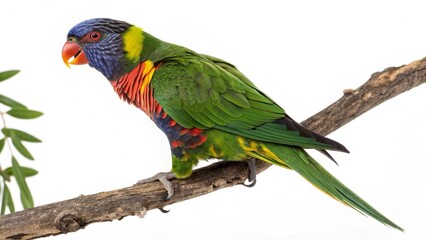 Colorful Lorikeet parrot with vibrant green, blue, red, and yellow feathers perched on a branch, isolated on a clean white studio background with sharp focus