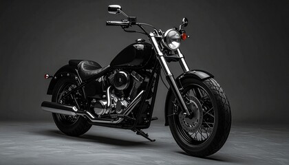 Classic black Harley-Davidson motorcycle with chrome detailing and cruiser design, angled for side and front view