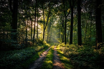 Naklejka premium Sunlit Forest Path Through Trees