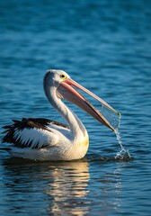 Pelican Floating in Water with Open Beak Catching Water Droplets