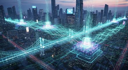 Futuristic cityscape with glowing digital data streams and network connections flowing through the urban infrastructure at night.