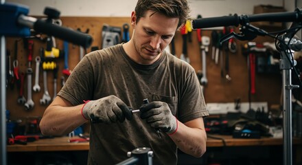 Young Man Repairing Bicycle in Workshop with Tools and Equipment