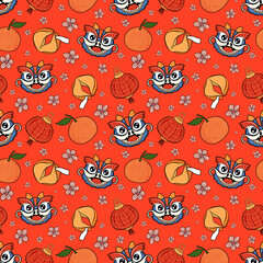 Seamless pattern with Traditional Chinese dragon, lanterns, oranges, fortune cookies, and blossoms. Lunar New Year print, Festive background, Perfect for wrapping, packaging, stationery, fabrics.