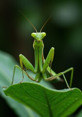 Close-up of Bright Green Praying Mantis on Leaf in Natural Environment