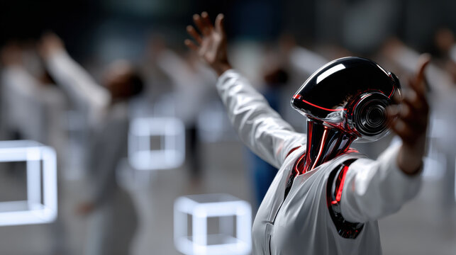 A robotic figure with a shiny metallic head and body showcases a joyful dance, symbolizing the harmonious coexistence of technology and human expression on the dance floor.