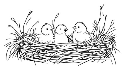 Three baby birds chirping eagerly in twig nest &ndash; cute springtime avian sketch illustration