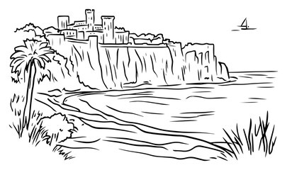 Ancient cliff‑top fortress overlooking rugged coastline and palm – dramatic coastal castle landscape drawing