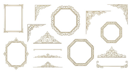 Collection of ornate gold frames, vintage borders, and calligraphic decorative elements on a white background