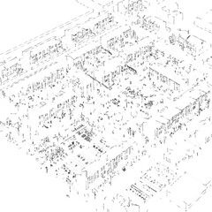 An intricate aerial line drawing illustrates a detailed urban residential area, showcasing modern architectural planning and city development concepts.