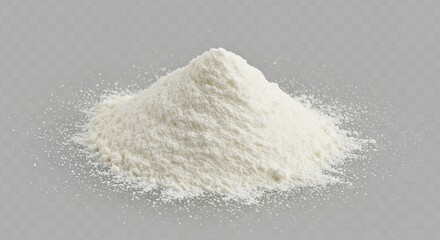 A small mound of fine white powder, like flour or baking soda, isolated on a neutral grey background.