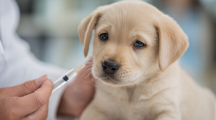 veterinarian examining a golden retriever puppy