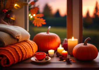 Autumn Decoration with Pumpkins sun Leafs in Warm Colors