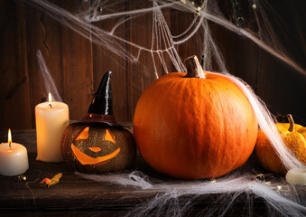 Autumn Decoration with Pumpkins sun Leafs in Warm Colors