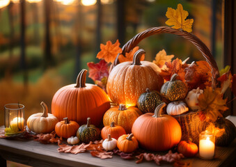 Autumn Decoration with Pumpkins sun Leafs in Warm Colors