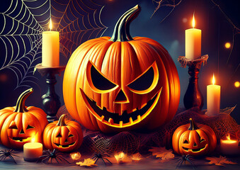 Halloween Decoration with Pumpkins and Leafs in Warm Colors