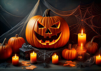 Halloween Decoration with Pumpkins and Leafs in Warm Colors