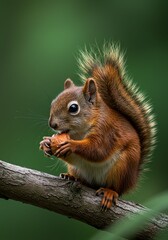 Fototapeta premium Cute Brown Squirrel Sitting on Tree Branch Holding Nut in Natural Green Environment