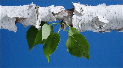 Birch branch with green leaves vivid blue sky