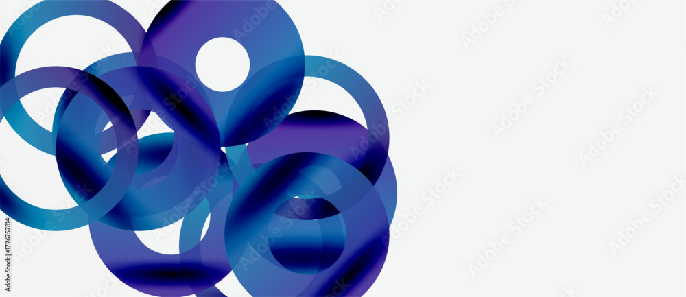 Poster abstract composition features overlapping blue circles, creating dynamic visual flow. white space pr