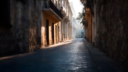 Obraz premium Sunlight casts dramatic shadows on an empty historic European cobblestone street lined with ancient stone buildings