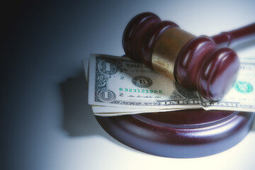 Judge's gavel and dollar banknotes on a white background.