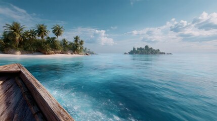Fototapeta premium Wooden boat approaches a lush tropical island across a clear blue ocean on a sunny day