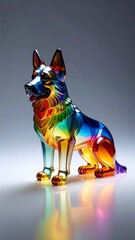 A beautiful and colorful German Shepherd figurine made of rainbow-colored glass or crystal. The transparent dog statue creates vibrant reflections in a clean studio setting.