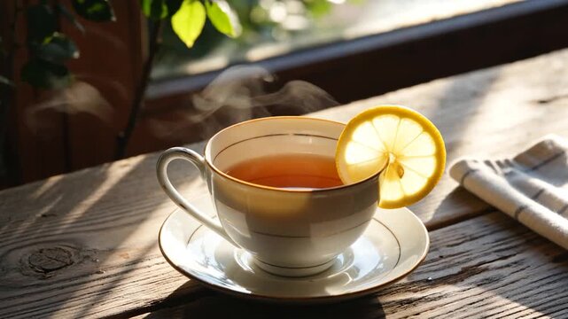 Tasse de th&eacute; fumant avec une tranche de citron	