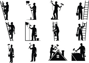 Painter silhouettes, ladder work, paint roller scenes, home improvement, roof painting, construction task, illustration set, DIY concept