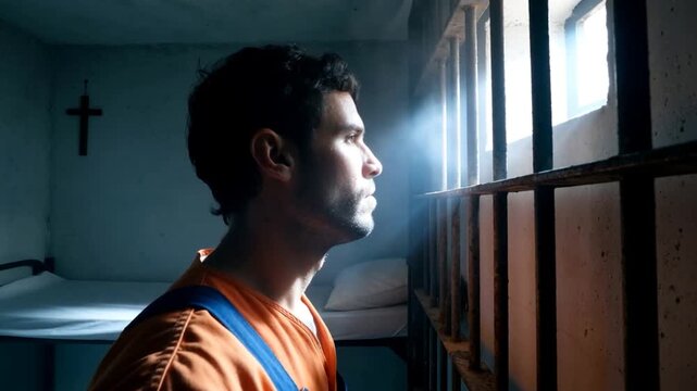 Prisonnier regardant le soleil &agrave; travers les barreaux