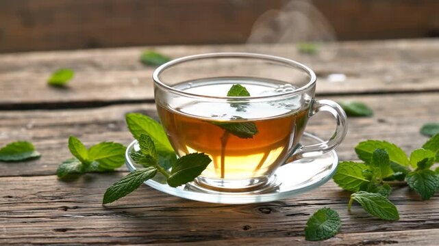 Tasse de th&eacute; &agrave; la menthe avec feuilles fra&icirc;ches	