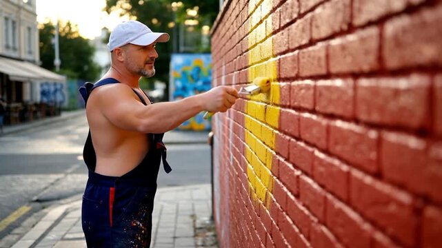 peintre peignant un mur de briques
