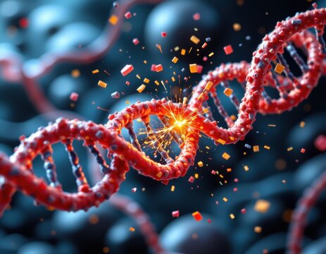 conceptual molecular scene of free radicals oxidizing nucleotides in dna, bases mutated, oxidative particles glowing, realistic biological art explaining oxidative dna damage at microscopic level