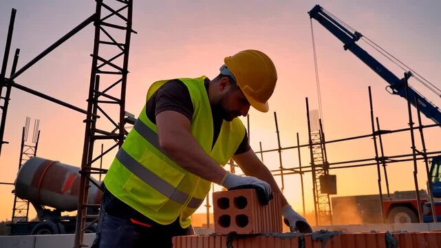 Ma&ccedil;on travaillant sur un chantier au coucher du soleil