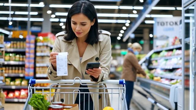 Femme v&eacute;rifiant sa liste de courses et sa liste sur son  t&eacute;l&eacute;phone