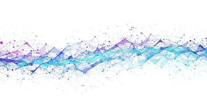Abstract digital landscape with interconnected purple and blue lines and dots forming a complex network on a white background.