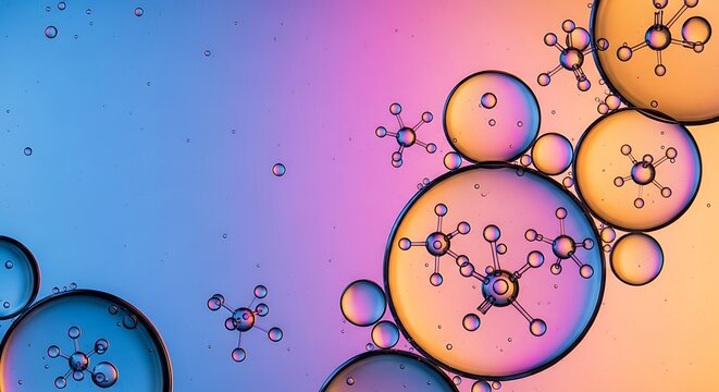 Abstract macro photograph of oil and water molecules with a colorful gradient background.