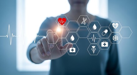 A person touching a glowing heart icon on a futuristic digital interface with various medical and healthcare symbols.