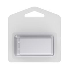Front view of 9V battery in blister pack on transparent background