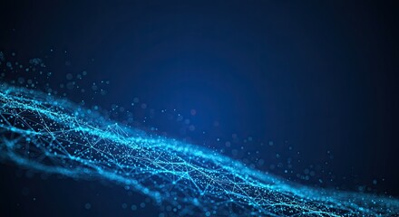 Abstract glowing blue digital network of interconnected particles forming a wave-like structure against a dark blue background.
