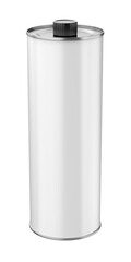 Front view of white blank round tin bottle for olive oil, motor oil or other liquids on transparent background