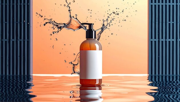 Amber bottle of liquid product with water splash on an orange background