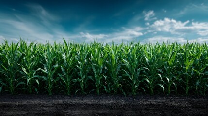 Obraz premium A vibrant green cornfield under a blue sky with clouds showcasing healthy plants and fertile soil