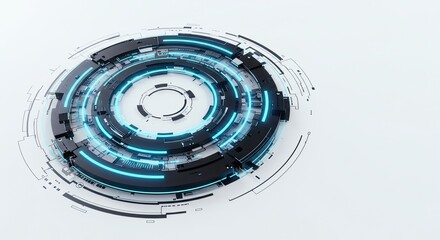 Futuristic glowing blue and black circular technology interface on white background.